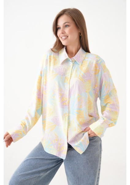 Kadın Tesettüre Uygun Desenli Uzun Kol Pamuk Şık Büyük Beden Desenli Curve Rahat Gömlek