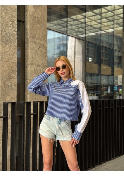 Kadın Özel Tasarım Yaka Kol Düğmeli Çizgi Garnili Crop Boy Kısa Bluz Gömlek