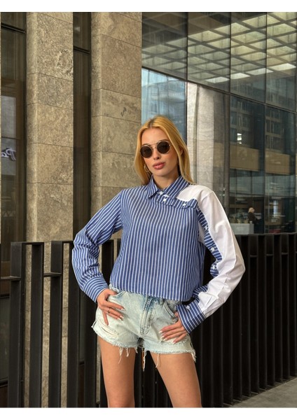 Kadın Özel Tasarım Yaka Kol Düğmeli Çizgi Garnili Crop Boy Kısa Bluz Gömlek fiyatları