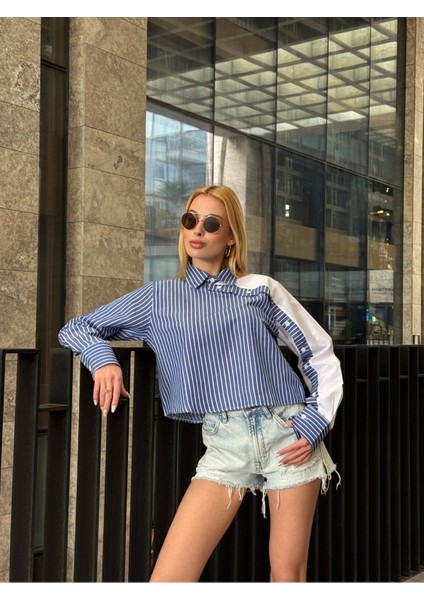 Kadın Özel Tasarım Yaka Kol Düğmeli Çizgi Garnili Crop Boy Kısa Bluz Gömlek modelleri