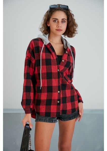 Kadın Kırmızı Siyah Oduncu Oversize Ceket Gömlek