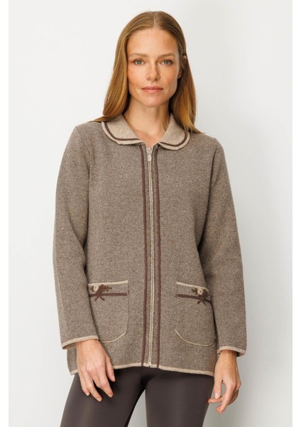 Kadın Polo Yaka Cebi Nakış Işlemeli Yün Hırka K.bej fırsatları