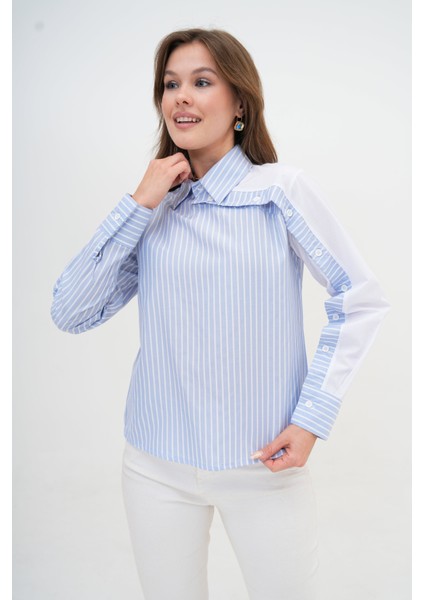 Kadın Özel Tasarım Yaka Kol Düğmeli Çizgi Garnili Bluz Boy Pamuk Gömlek