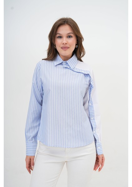 Kadın Özel Tasarım Yaka Kol Düğmeli Çizgi Garnili Bluz Boy Pamuk Gömlek fiyatları