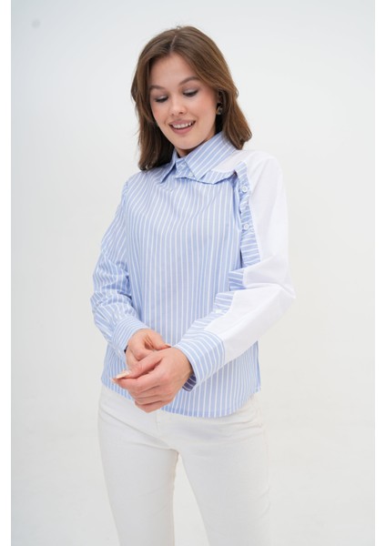 Kadın Özel Tasarım Yaka Kol Düğmeli Çizgi Garnili Bluz Boy Pamuk Gömlek modelleri