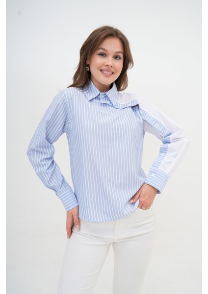 Kadın Özel Tasarım Yaka Kol Düğmeli Çizgi Garnili Bluz Boy Pamuk Gömlek indirimleri