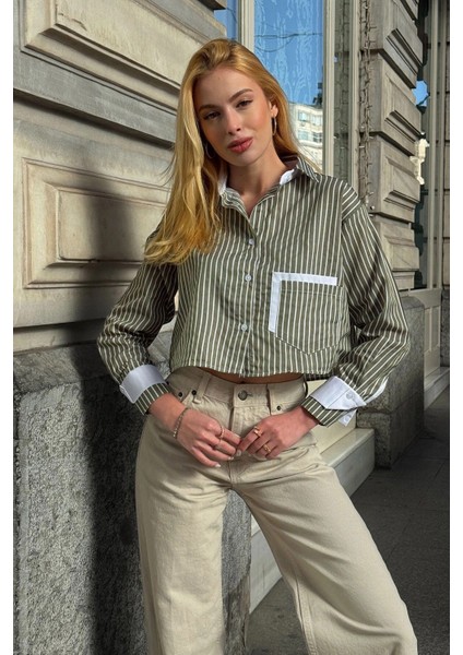 Kadın Özel Tasarım Çizgi Garni Crop Boy Uzun Kol Çift Manşetli Bluz Kısa Gömlek