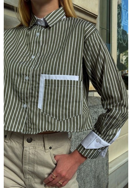 Kadın Özel Tasarım Çizgi Garni Crop Boy Uzun Kol Çift Manşetli Bluz Kısa Gömlek fiyatları