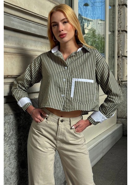 Kadın Özel Tasarım Çizgi Garni Crop Boy Uzun Kol Çift Manşetli Bluz Kısa Gömlek modelleri