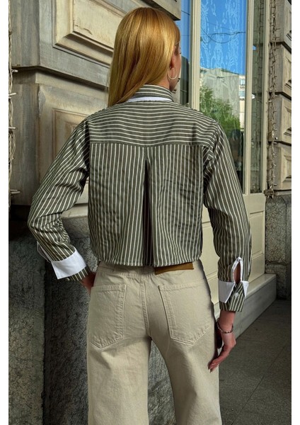 Kadın Özel Tasarım Çizgi Garni Crop Boy Uzun Kol Çift Manşetli Bluz Kısa Gömlek fırsatları