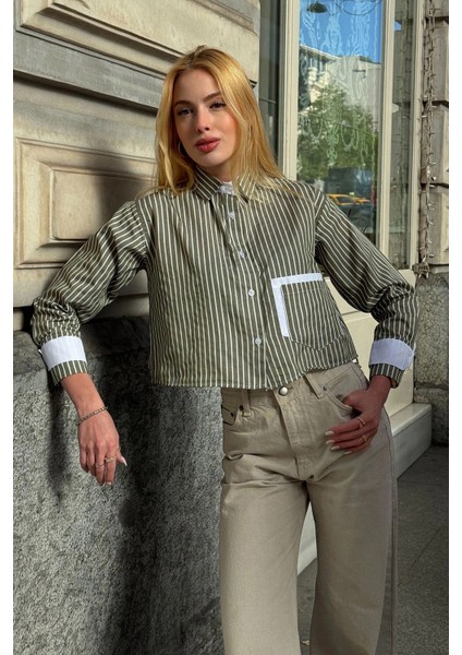 Kadın Özel Tasarım Çizgi Garni Crop Boy Uzun Kol Çift Manşetli Bluz Kısa Gömlek indirimleri