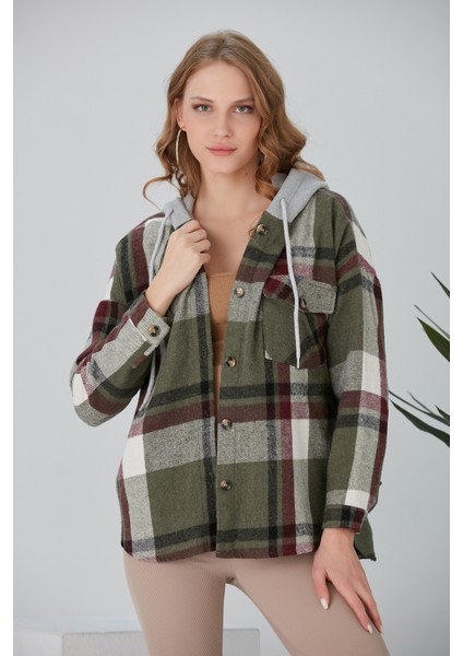 Kadın Çok Renkli Haki Oduncu Oversize Kapüşonlu Ceket Gömlek