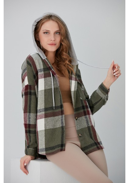 Kadın Çok Renkli Haki Oduncu Oversize Kapüşonlu Ceket Gömlek modelleri