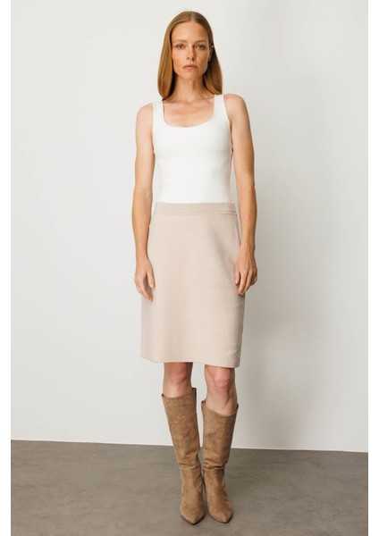 Kadın Triko Düz Basic Etek Bej