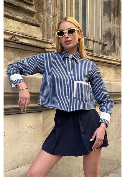 Kadın Özel Tasarım Çizgi Garni Crop Boy Uzun Kol Çift Manşetli Bluz Kısa Gömlek