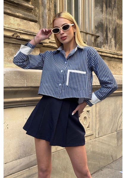 Kadın Özel Tasarım Çizgi Garni Crop Boy Uzun Kol Çift Manşetli Bluz Kısa Gömlek fiyatları