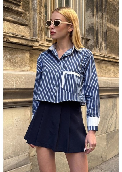 Kadın Özel Tasarım Çizgi Garni Crop Boy Uzun Kol Çift Manşetli Bluz Kısa Gömlek modelleri