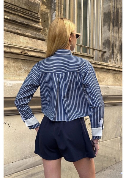 Kadın Özel Tasarım Çizgi Garni Crop Boy Uzun Kol Çift Manşetli Bluz Kısa Gömlek fırsatları