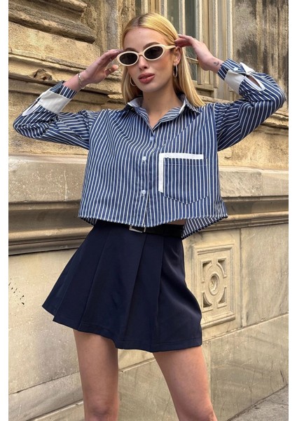 Kadın Özel Tasarım Çizgi Garni Crop Boy Uzun Kol Çift Manşetli Bluz Kısa Gömlek indirimleri