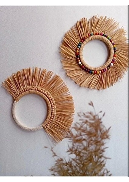 Doğal Rafyadan Ikili Set, Bohem Ev ve Duvar Dekorasyonu, Bahçe ve Duvar Süsü, Duvar Aksesuarları