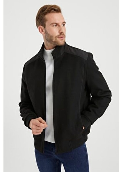 Erkek Siyah Yün Karışımlı Rahat Kalıp Kaşe Mont fiyatları