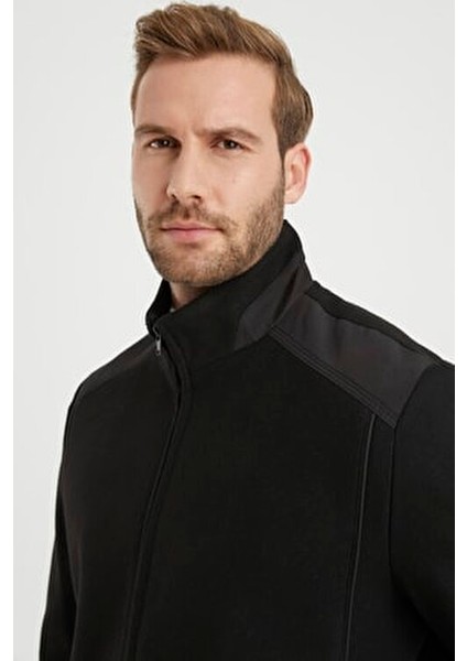 Erkek Siyah Yün Karışımlı Rahat Kalıp Kaşe Mont