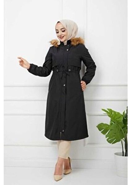 Siyah Su Geçirmez Kadın Kışlık Mont İç Kürk Detaylı Uzun Model