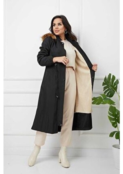 Siyah Su Geçirmez Kadın Kışlık Mont İç Kürk Detaylı Uzun Model