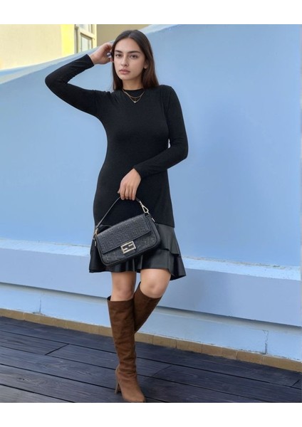 Kadın Uzun Kollu Bisiklet Yaka Üst Viskon Etek Ucu Deri Kısa Elbise