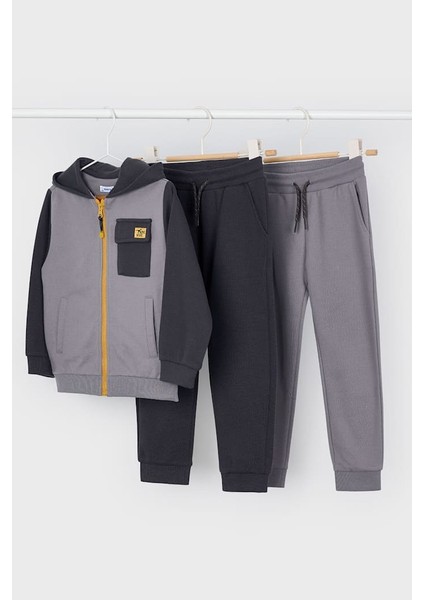 Erkek Çocuk Renk Bloklu Kapüşonlu 3 Parça Eşofman Takımı - Gri