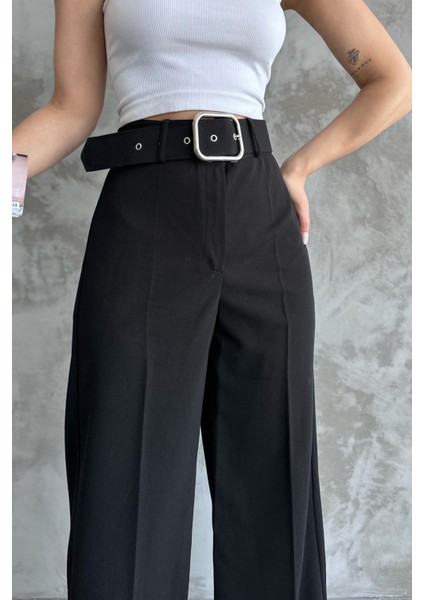 Kadın Yüksek Bel Kemerli Bol Paça Palazzo Pantolon Siyah Siyah / M fiyatları