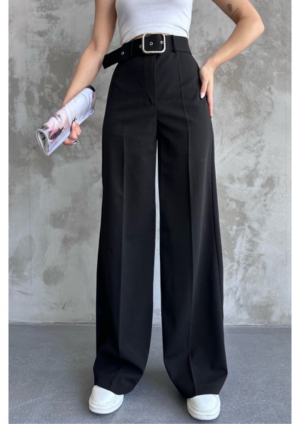 Kadın Yüksek Bel Kemerli Bol Paça Palazzo Pantolon Siyah Siyah / M