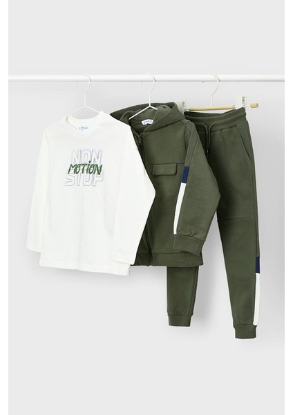 Erkek Çocuk Renk Bloklu Kapüşonlu 3 Parça Eşofman Takımı - Haki/krem