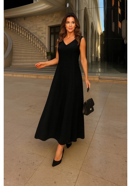 Kadın Kolsuz V Yakalı Maksi Boy Ithal Keten Elbise