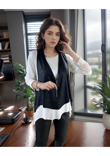 Kadın Uzun Kol Asimetrik Kesim Viskon Bluz ve Çatlak Deri Görünümlü Fermuar Detaylı Yelek Ikili Takım