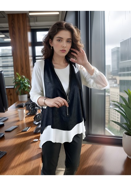 Kadın Uzun Kol Asimetrik Kesim Viskon Bluz ve Çatlak Deri Görünümlü Fermuar Detaylı Yelek Ikili Takım modelleri