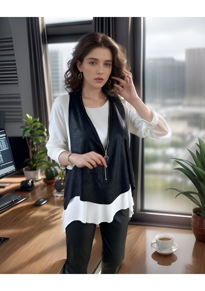 Kadın Uzun Kol Asimetrik Kesim Viskon Bluz ve Çatlak Deri Görünümlü Fermuar Detaylı Yelek Ikili Takım fırsatları