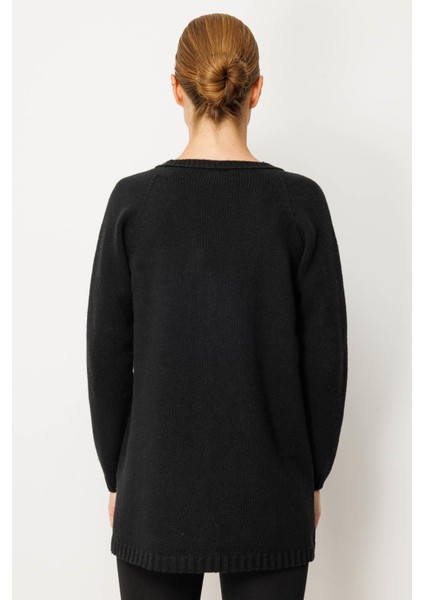 Kadın V Yaka Saç Örgülü Uzun Yün Hırka Siyah modelleri