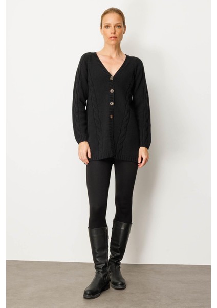 Kadın V Yaka Saç Örgülü Uzun Yün Hırka Siyah fırsatları