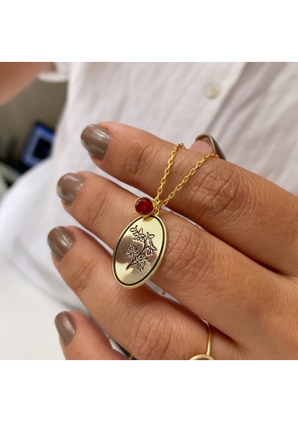 Gümüş Temmuz Doğum Taşı Yakut Kolye Çiçek Desenli Zarif Tasarım