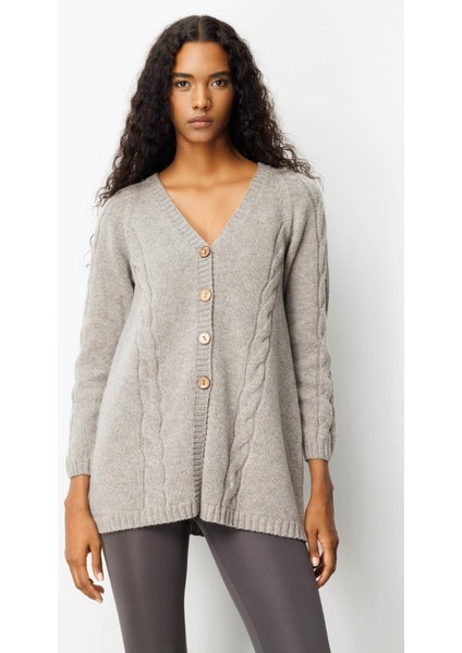 Kadın V Yaka Saç Örgülü Uzun Yün Hırka Vizon