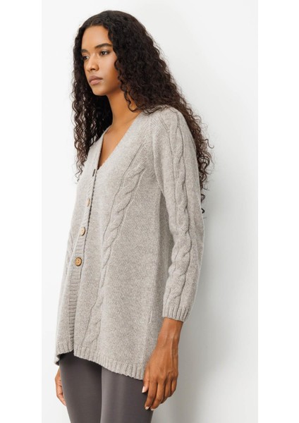 Kadın V Yaka Saç Örgülü Uzun Yün Hırka Vizon fiyatları