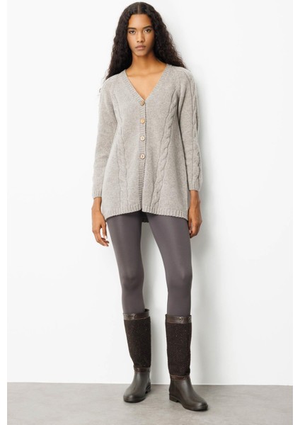 Kadın V Yaka Saç Örgülü Uzun Yün Hırka Vizon fırsatları