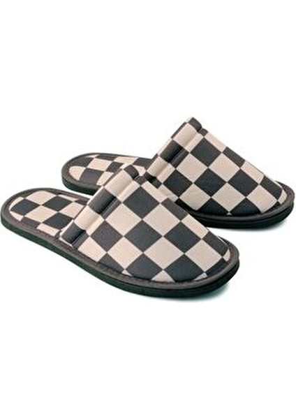 Siyah Beyaz Dama Desenli Yumuşak Tabanlı Ev Terlik Kadın Kullanımı İçin Tekstil Malzeme