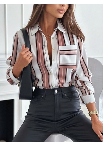 Kadın Uzun Kol Cep Detay Dijital Baskılı Mosskrep Kumaş Gömlek