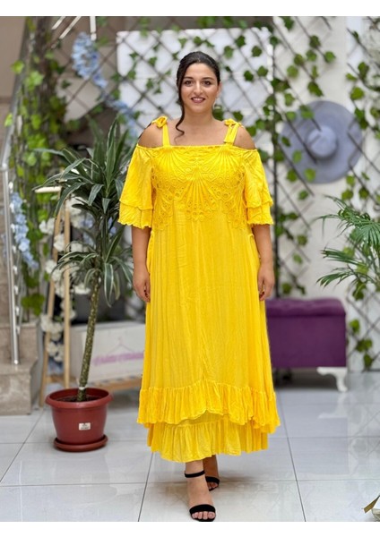 VL1900 Ip Askılı Ön Arka Dantel Vual Elbise Sarı