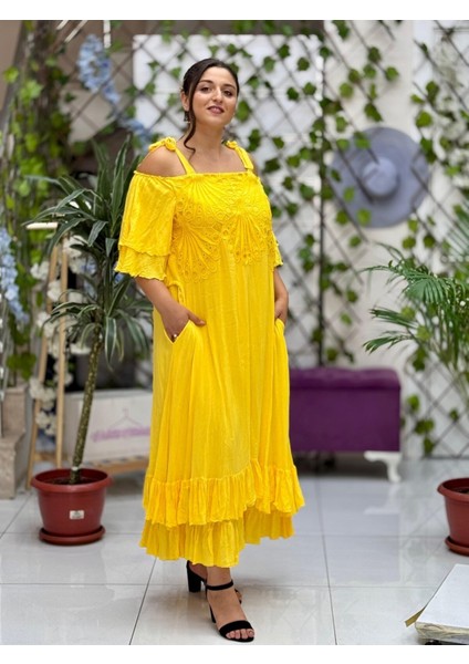 VL1900 Ip Askılı Ön Arka Dantel Vual Elbise Sarı modelleri