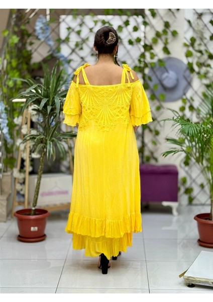 VL1900 Ip Askılı Ön Arka Dantel Vual Elbise Sarı fırsatları