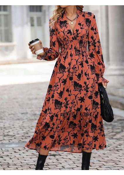 Kadın Uzun Kollu Kruvaze Yakalı Çiçek Desenli Maksi Süprem Elbise fiyatları