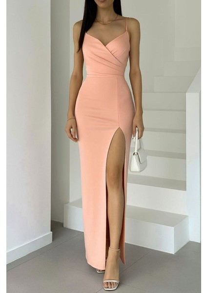 Kadın Dalgıç Kumaş V Yaka Yırtmaç Detaylı Maxi Boy Elbise